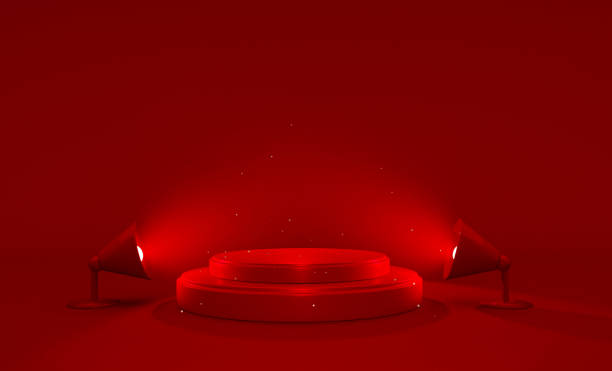 istock Red Winner stage, podium illuminated by searchlights. Empty pedestal with illuminated projector. Light sources, floodlight. Concept for product. display podium.3d render image 1417276265
