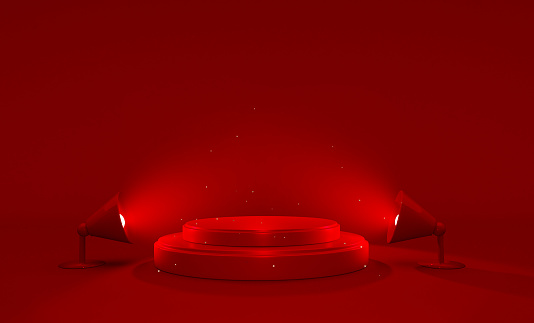 Red Winner stage, podium illuminated by searchlights. Empty pedestal with illuminated projector. Light sources, floodlight. Concept for product. display podium.3d render image