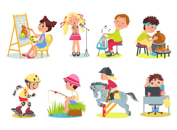 kids hobbies. little children characters engaged in various activities. creative boys and girls. teens play music or painting. young people fishing and roller skating. splendid vector set - 休閒活動 活動 幅插畫檔、美工圖案、卡通及圖標