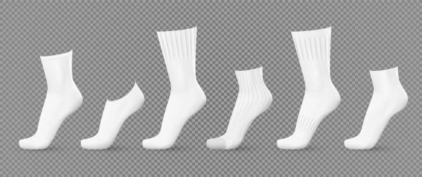 stockillustraties, clipart, cartoons en iconen met realistic white socks. 3d blank classic cotton foot clothes mockup. sport elastic golfs and footprints. long and middle. modern fashion. isolated footwear clothing. decent vector set - lange sokken