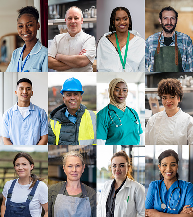 A 4x3 collage of a diverse group of workers, looking and smiling at the camera in a variety of settings and wearing a variety of uniforms and accessories.