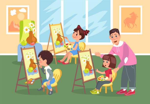 先生と一緒に絵を描く子どもたち。美術の授業をしている小さな生徒たち。イーゼルに座っている子供たち。絵の具で絵を描く男の子と女の子。若いアーティスト。創造性のレッスン。素晴� - artists canvas indoors childhood small点のイラスト素材／クリップアート素材／マンガ素材／アイコン素材