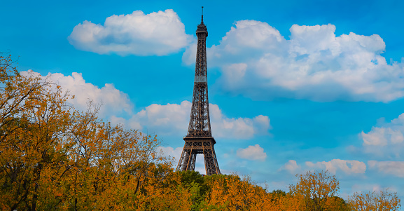 Eiffel Tower, iconic Paris landmark  as autumn trees park with blue sky scene at Paris ,France