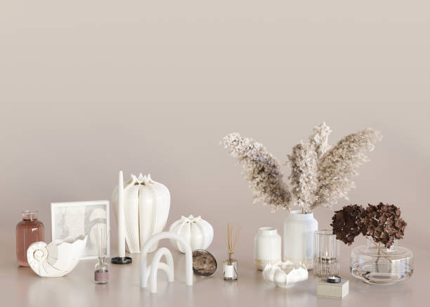 istock Home accessories on beige background and copy space for your advertisement text or logo. Home decor store, interior details sale. Template with free space. Pampas grass, vase, candle. 3d rendering. 1417281172