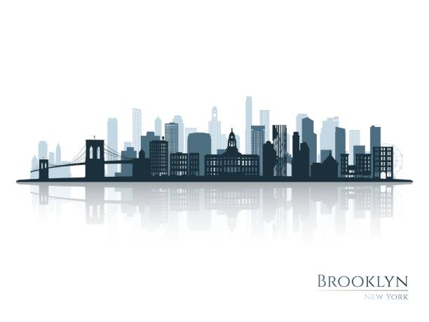 ilustrações, clipart, desenhos animados e ícones de silhueta do horizonte do brooklyn com reflexo. landscape brooklyn, nova iorque. ilustração vetorial. - new york city skyline silhouette manhattan