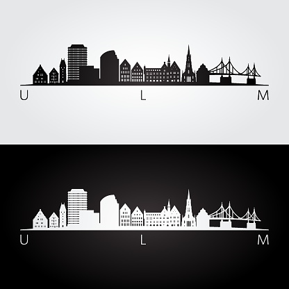Ulm skyline and landmarks silhouette, black and white design, vector illustration.
