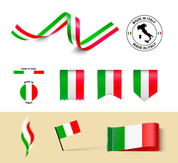 旗、リボン、イタリアの国旗のサインのセット。ベクターイラストレーション。 - italian flag点のイラスト素材／クリップアート素材／マンガ素材／アイコン素材