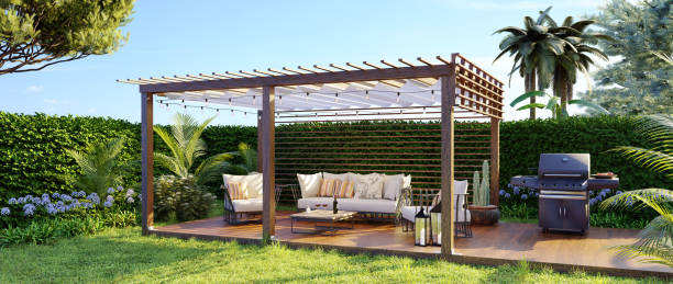 3D panoramic render of a luxury wooden teak deck with gas grill and furniture 3D illustration of a luxury wooden teak deck with gas grill and decor furniture. Panoramic view of a wooden pergola in the back garden. building terrace stock pictures, royalty-free photos & images