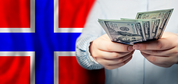 Business, banking, currency exchange, finance and saving money in Norway concept against Norwegian flag background