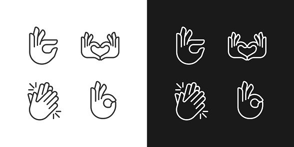 Body language signals pixel perfect white linear icon for dark themes set for dark, light mode. Hands gestures. Thin line symbols for night, day theme. Isolated illustrations. Editable stroke