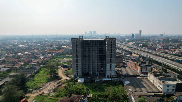 Aerial view of the building from the film Pengabdi Setan in Bekasi. stock photo