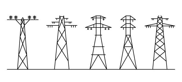 контурный набор из пяти башен. - power supply single line in a row sending stock illustrations