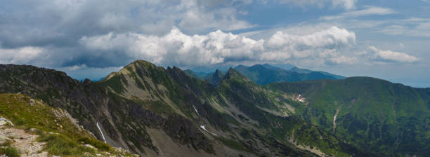 istock Panoramic view from Banikov peak on Western Tatra mountains or Rohace panorama. Sharp green mountains - ostry rohac, placlive and volovec with hiking trail on ridge. Summer blue sky white clouds. 1417300779