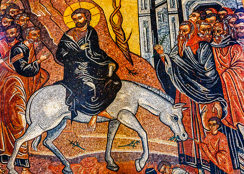 Jesus Christ Palm Sunday Donkey Mosaic in Saint George Greek Orthodox Church Madaba Jordan Church created in late 1800s houses many famous mosaics