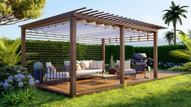 3d иллюстрация тиковой деревянной наружной перголы в саду - pergola стоковые фото и изображения