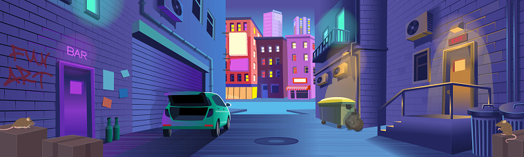 Dark back street alley with a door to a bar, a trash can, a car with an open trunk at night in cartoon style. Background for games and mobile applications.
