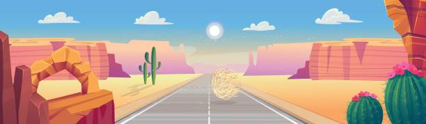 wilder westen von texas. leere straße mit blick auf die berge. landschaft mit roten bergen, kakteen, straße und wolken. vektorillustration im cartoon-stil. - west cactus desert utah stock-grafiken, -clipart, -cartoons und -symbole