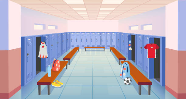 istock Interior school room with lockers vector illustration. Sport dressing room. Empty school or college hallway. Vector cartoon illustration. 1417301404