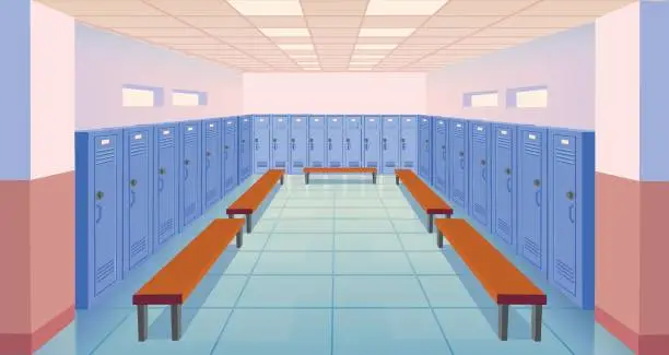 Vector illustration of Interior school room with closed lockers and benches. Sport dressing room. Empty school or college hallway. Vector cartoon illustration.