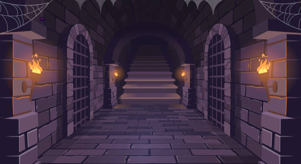 ilustrações de stock, clip art, desenhos animados e ícones de dungeon with a long corridor with ladder. steps up. medieval castle corridor with torches and doors with bars. interior of ancient palace with stone arch. vector illustration. - house column residential structure fairy tale