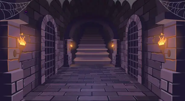 Vector illustration of Dungeon with a long corridor with ladder. Steps up. Medieval castle corridor with torches and doors with bars. Interior of ancient Palace with stone arch. Vector illustration.