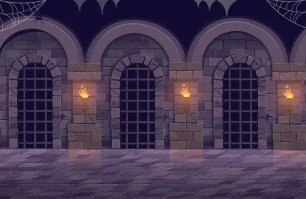 Vector illustration of Dungeon with a long corridor. Medieval castle corridor with torches and doors with bars. Interior of ancient Palace with stone arch. Vector illustration.