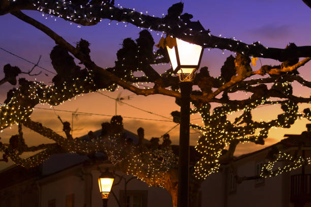Old-fashioned street lights, bare plane trees and evening sky. Led lights decorations. A Coruña , Galicia, Spain.