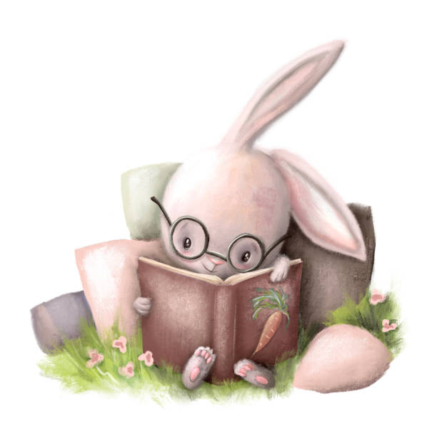 süßer kleiner hase, der auf einem gras sitzt und ein buch liest. digitale illustration. zeichentrickfigur kaninchen gut für karten- und druckdesign - rabbit pets baby rabbit white background stock-grafiken, -clipart, -cartoons und -symbole