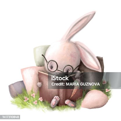 istock Cute little bunny sitting on a grass and reading a book. Digital illustration. cartoon character rabbit good for card and print design 1417310848