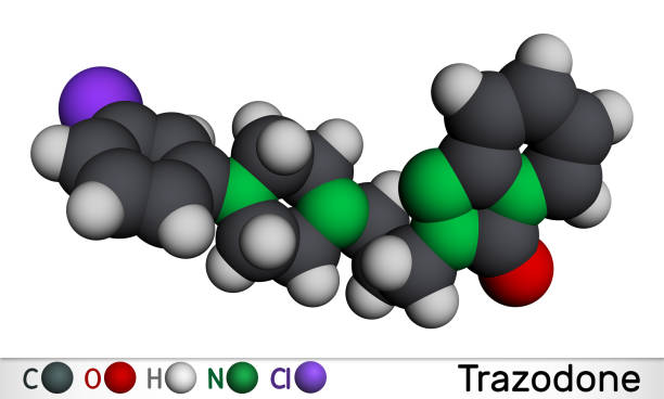 illustrazioni stock, clip art, cartoni animati e icone di tendenza di molecola di trazodone. è un antidepressivo, usato per trattare il disturbo depressivo maggiore. modello molecolare. rendering 3d - h major