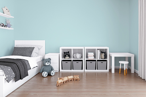 Kids bedroom with stuffed toy animals. 3d rendered illustration.