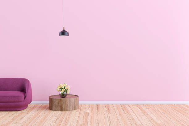 istock Living room with cozy sofa and pink wall. 3d rendered illustration. 1417312509