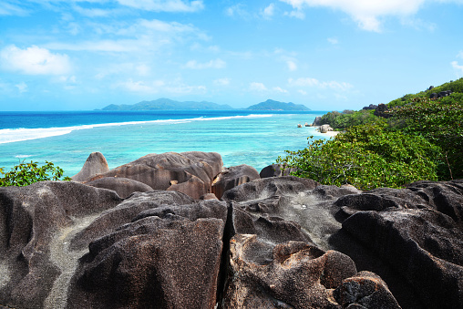 Coast of the tropical island of La Digue, Indian Ocean, Seychelles.
