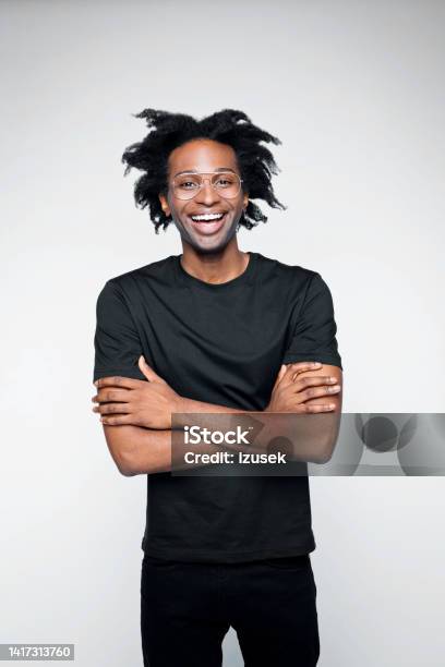 Portrait Of Happy Man In Black Outfit Stock Photo - Download Image Now - 30-34 Years, Adult, Adults Only