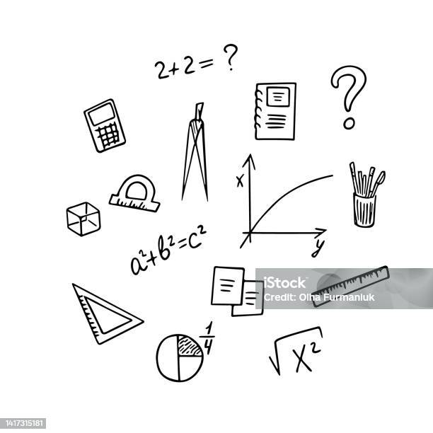 Unit Math Drawing Back To School Concept Doodle Hand Drawn Notebook Math Formulas Compass ...