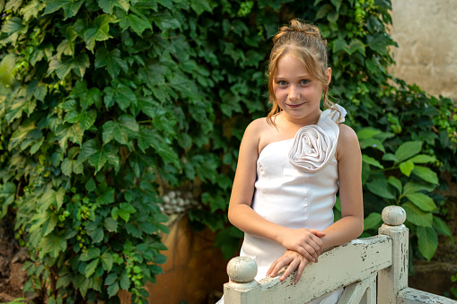 Beautiful little princess girl in crown and pink dress isolated on white background