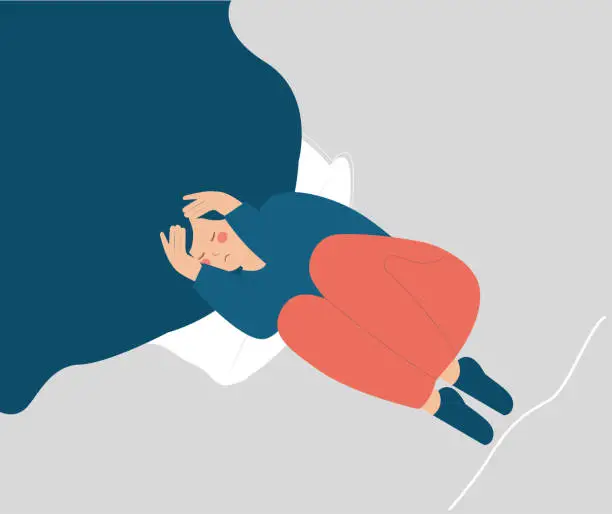 Vector illustration of Scared woman with insomnia on bed covering her face. Girl having nightmares in bedroom at night. Sleeping problem, phobias.