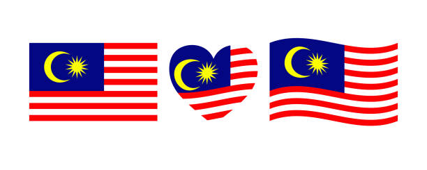 말레이시아 국기 표지판이 설정되어 있습니다. 말레이시아 독립 기념일, 말레이시아 국경일. 말레이시아의 국가 상징, 심장 모양. - 말레이시아 국기 stock illustrations