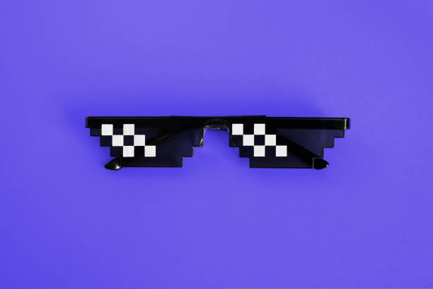 Funny pixelated boss sunglasses on new blue background. Gangster, Black thug life meme glasses . Pixel 8bit style. Color of the Year 2022. Very Peri stock photo