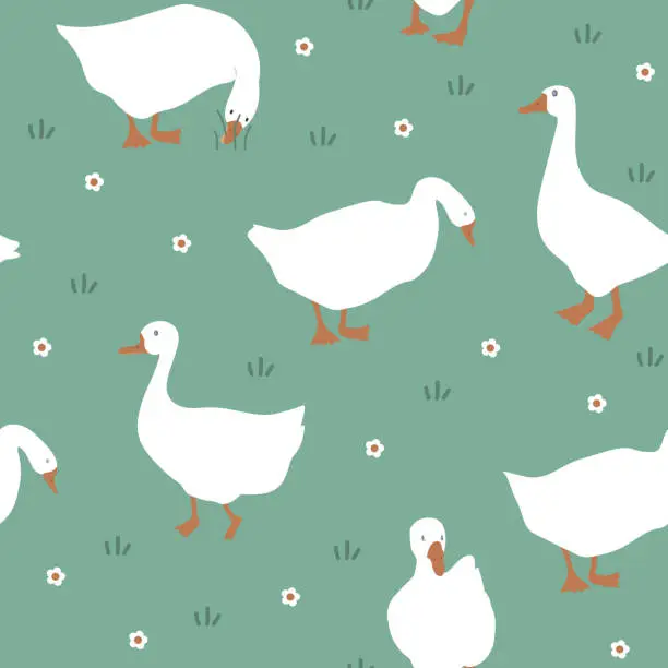 Vector illustration of Cute seamless pattern with goose and doodle flowers. Geese in the grass. Vector illustration on light green background