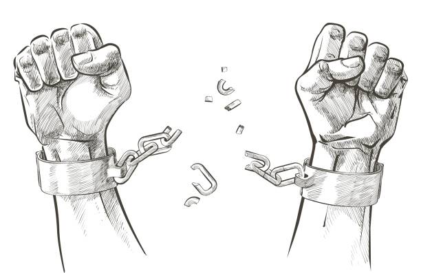 ilustrações de stock, clip art, desenhos animados e ícones de hands breaking steel shackles chain. sketch vector - strike