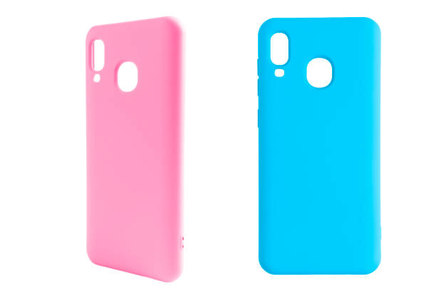 istock Mobile phone case isolated on white background. Smart phone case isolated. Blue silicone case for smartphone or phone with cutouts for the camera. Front view 1417319545