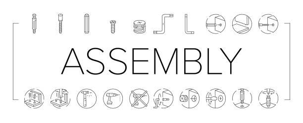 assembly furniture instruction icons set vector assembly furniture instruction icons set vector. manual diy, man home instructions, repair tools construction, house assemble screw assembly furniture instruction black contour illustrations furniture instructions stock illustrations