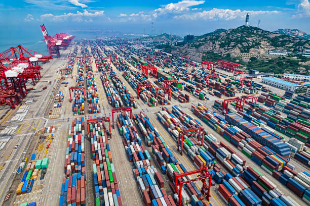 Aerial view of container port stock photo
