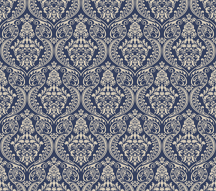 Victorian damask in blue and cream color, luxury decorative fabric pattern.