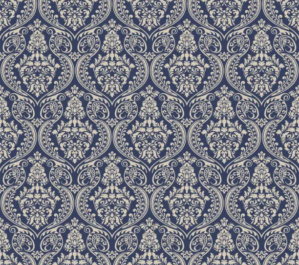 Vector illustration of Blue And Cream Victorian Damask Luxury Decorative Fabric Pattern