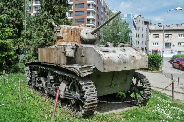 Banja Luka, Bosnia and Herzegovina – May 2022: M3 Stuart Tank in front of the museum Museum of Republic of Srpska.