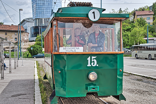 Sarajevo, Bosnia and Herzegovina - May 03, 2019: Promotion ride in tramway from year 1895 trom 1895. across  city