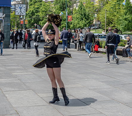 Sarajevo, Bosnia and Herzegovina - May 08, 2019: Capljina's majorettes preforming on the street in Sarajevo