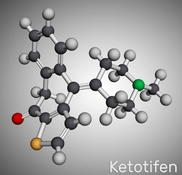 istock Ketotifen, histamine H1 receptor blocker molecule. It is used to treat atopic asthma, allergic conjunctivitis. Molecular model. 3D rendering 1417324730